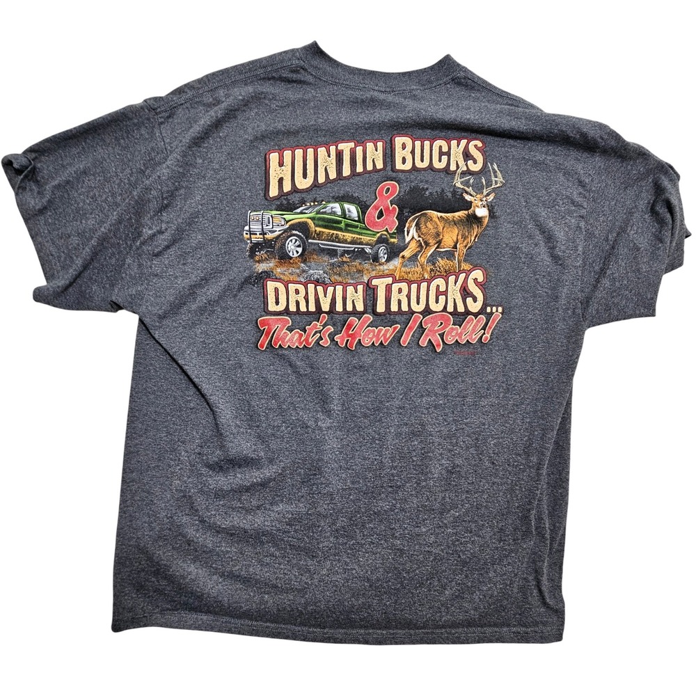 Buck Wear Huntin Bucks Drivin Trucks Graphic T-Shirt Mens 2XL Charcoal Grey Tee